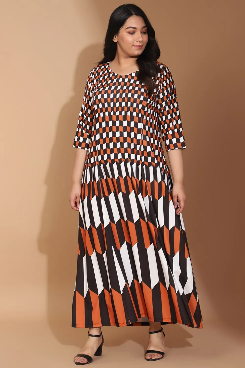 Tan Black Chevron Play Printed Maxi Dress