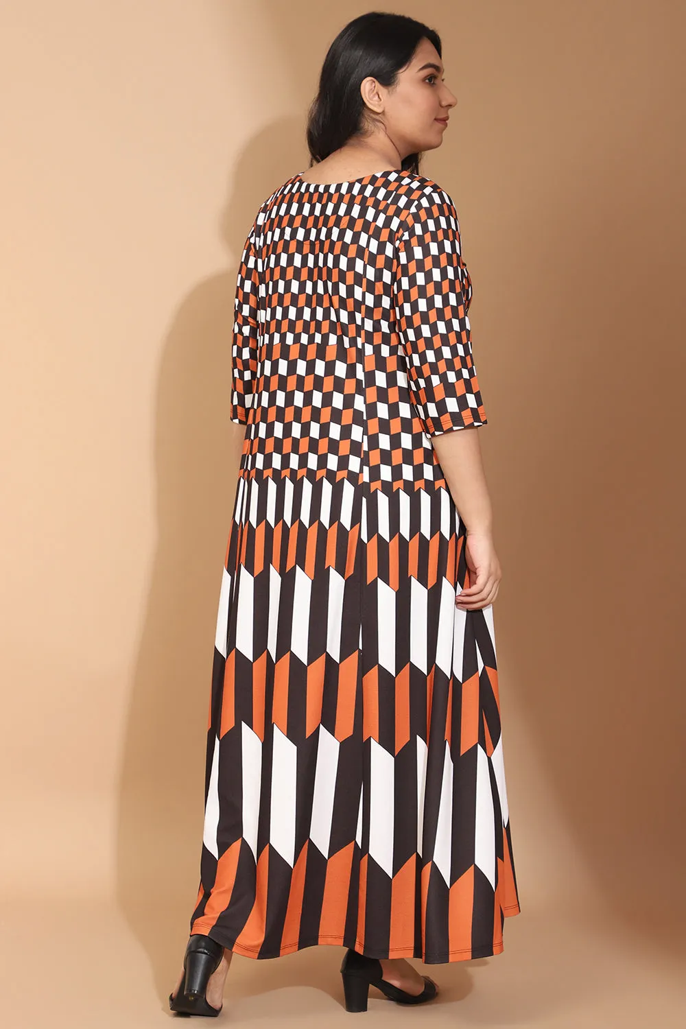 Tan Black Chevron Play Printed Maxi Dress