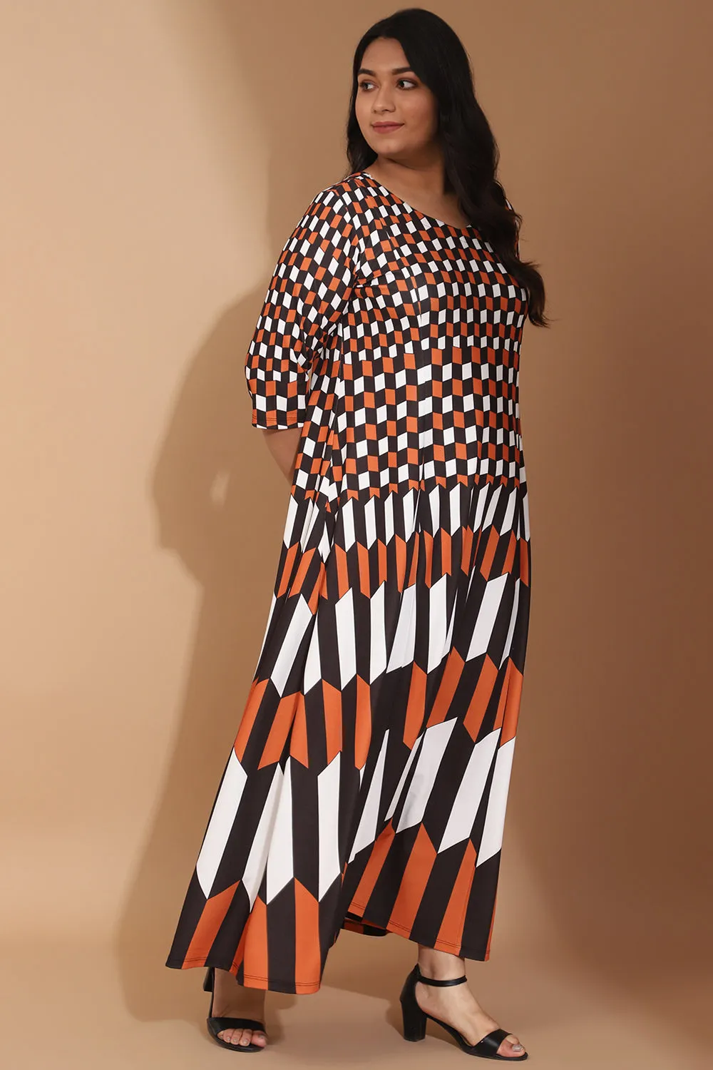 Tan Black Chevron Play Printed Maxi Dress