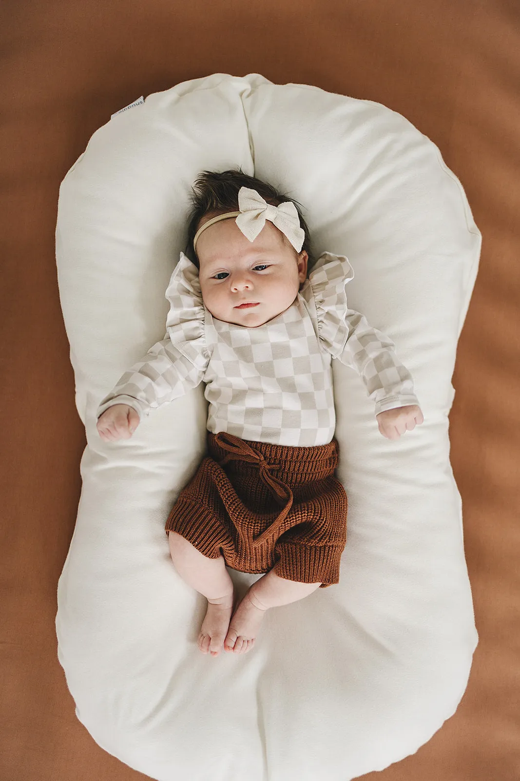 Taupe Checkered Ruffle Sleeve Bodysuit