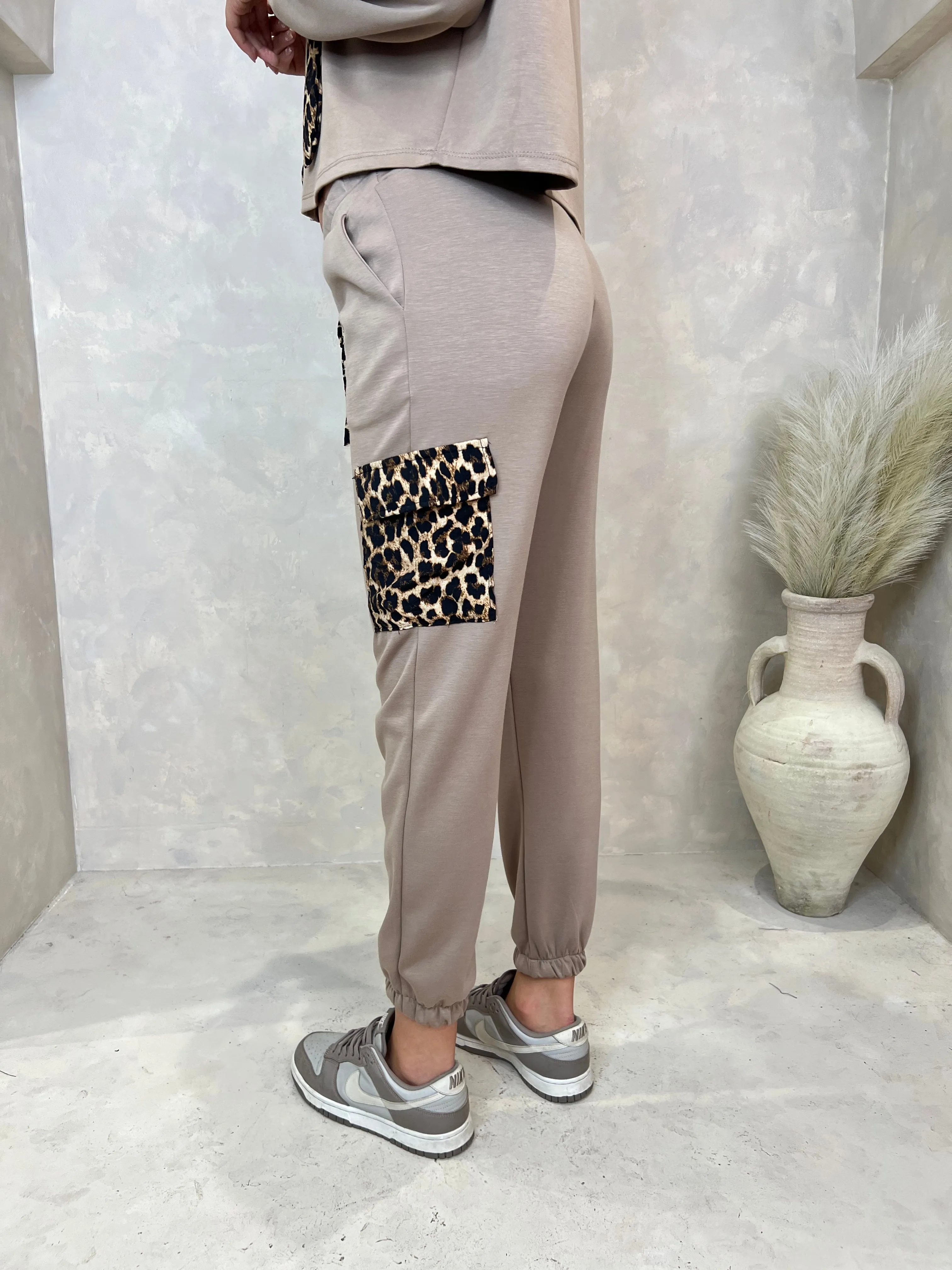 Taupe Leopard Print Leg Pocket Jogging Bottoms