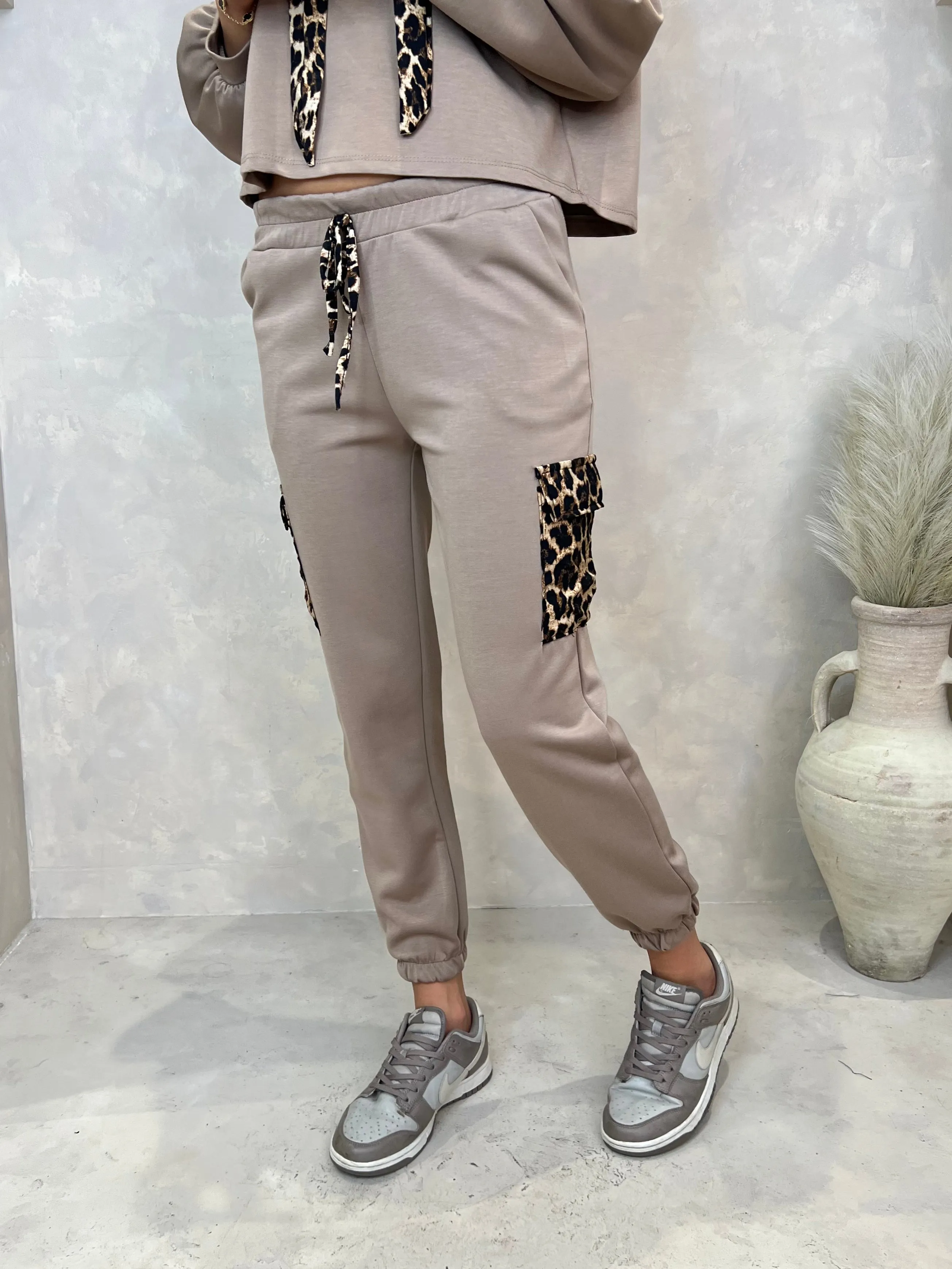 Taupe Leopard Print Leg Pocket Jogging Bottoms