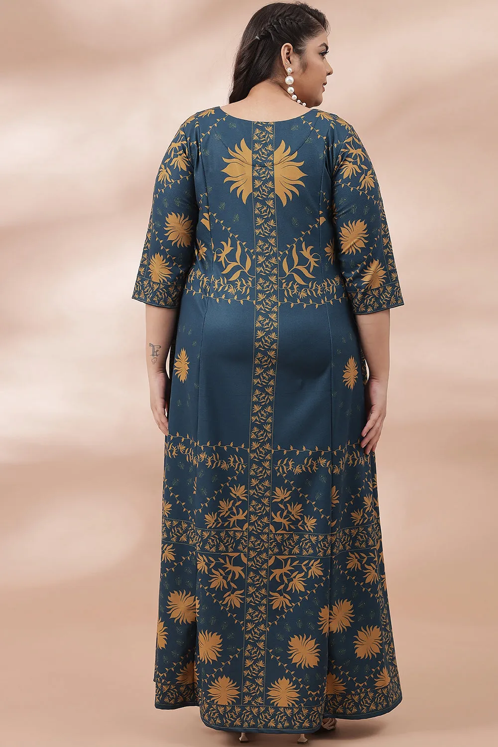 Teal Mustard Ornate Printed Long Dress