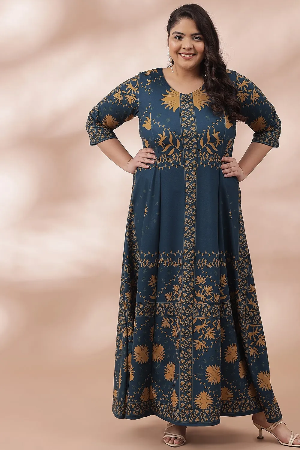 Teal Mustard Ornate Printed Long Dress