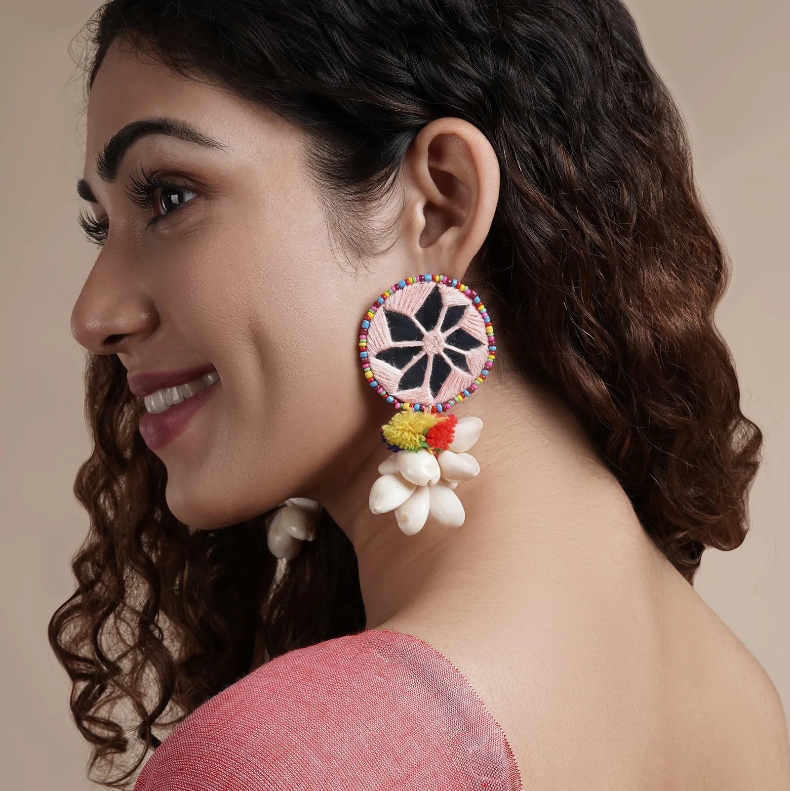 Teejh Abhigita Pink Fabric and Mirror Earring