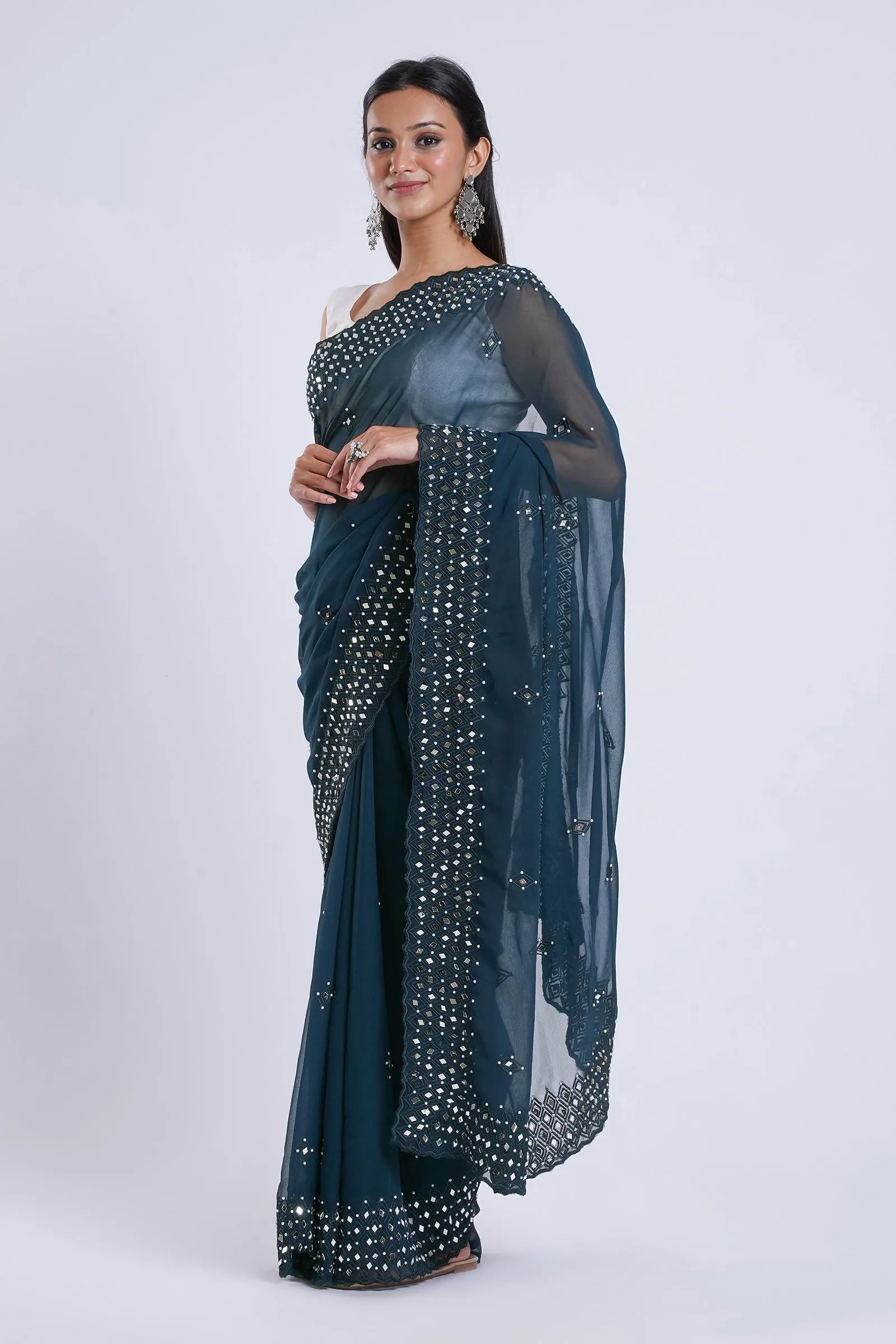 Teejh Daivya Blue Georgette Mirror Work Saree