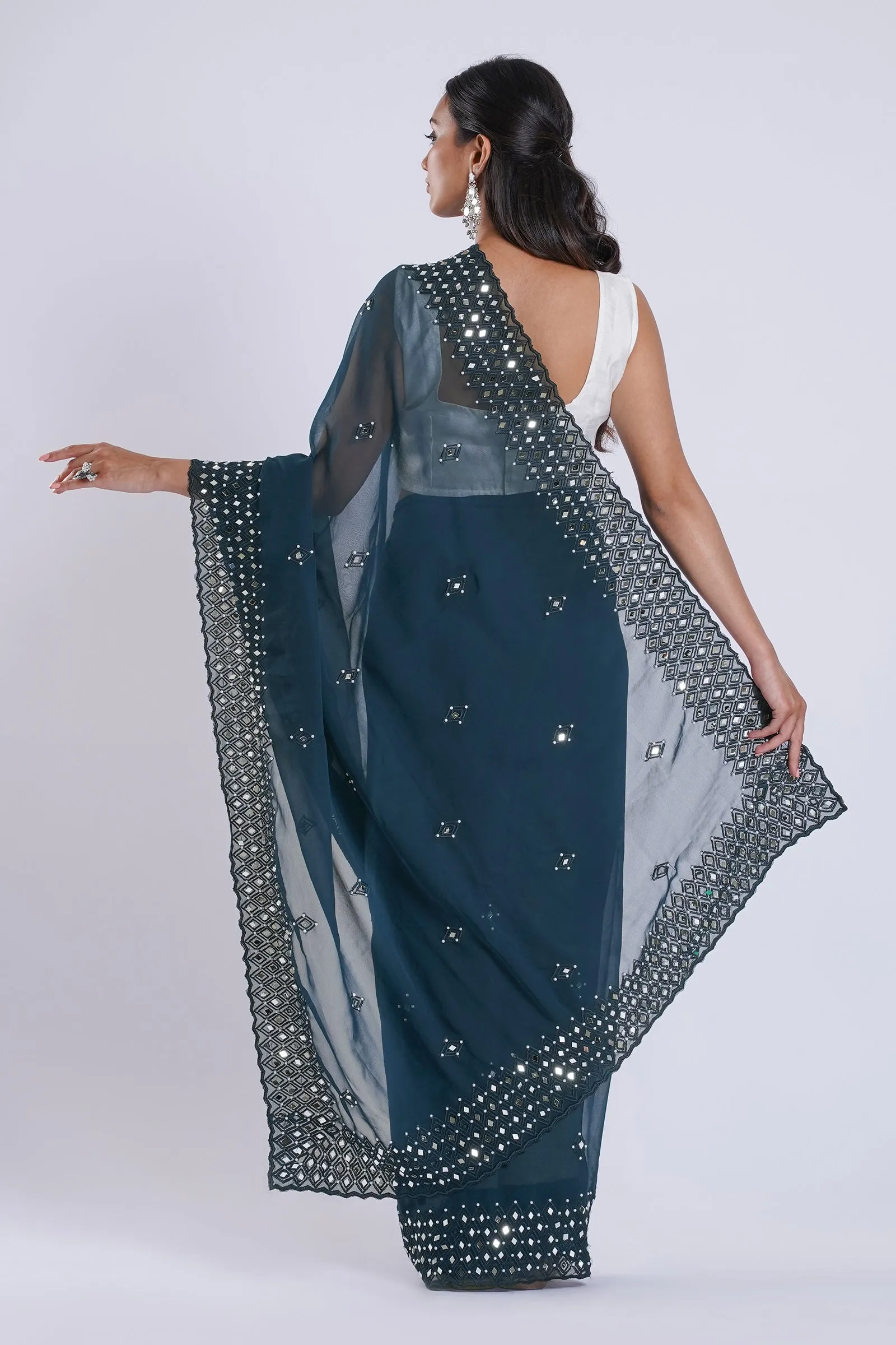 Teejh Daivya Blue Georgette Mirror Work Saree