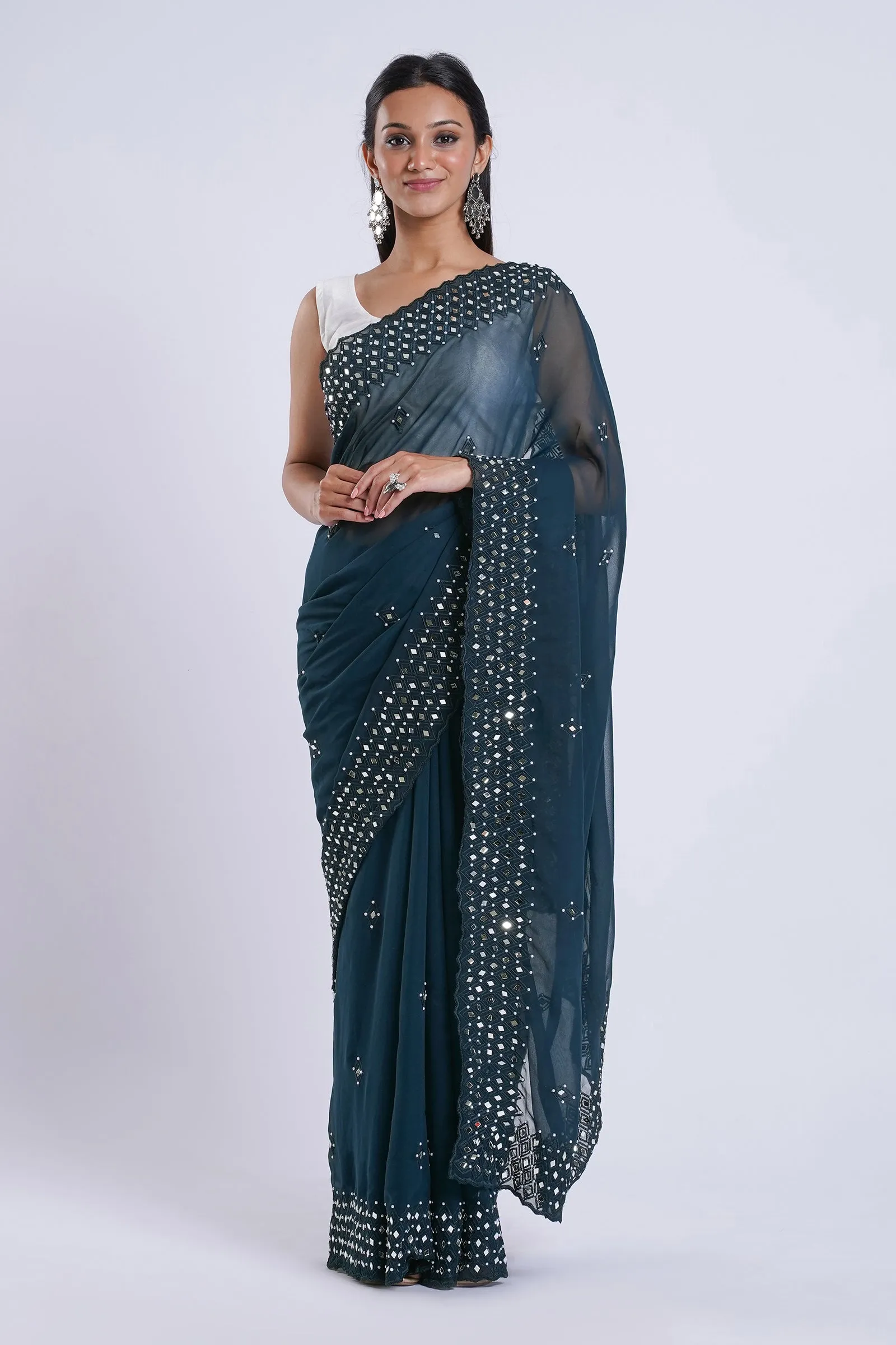 Teejh Daivya Blue Georgette Mirror Work Saree