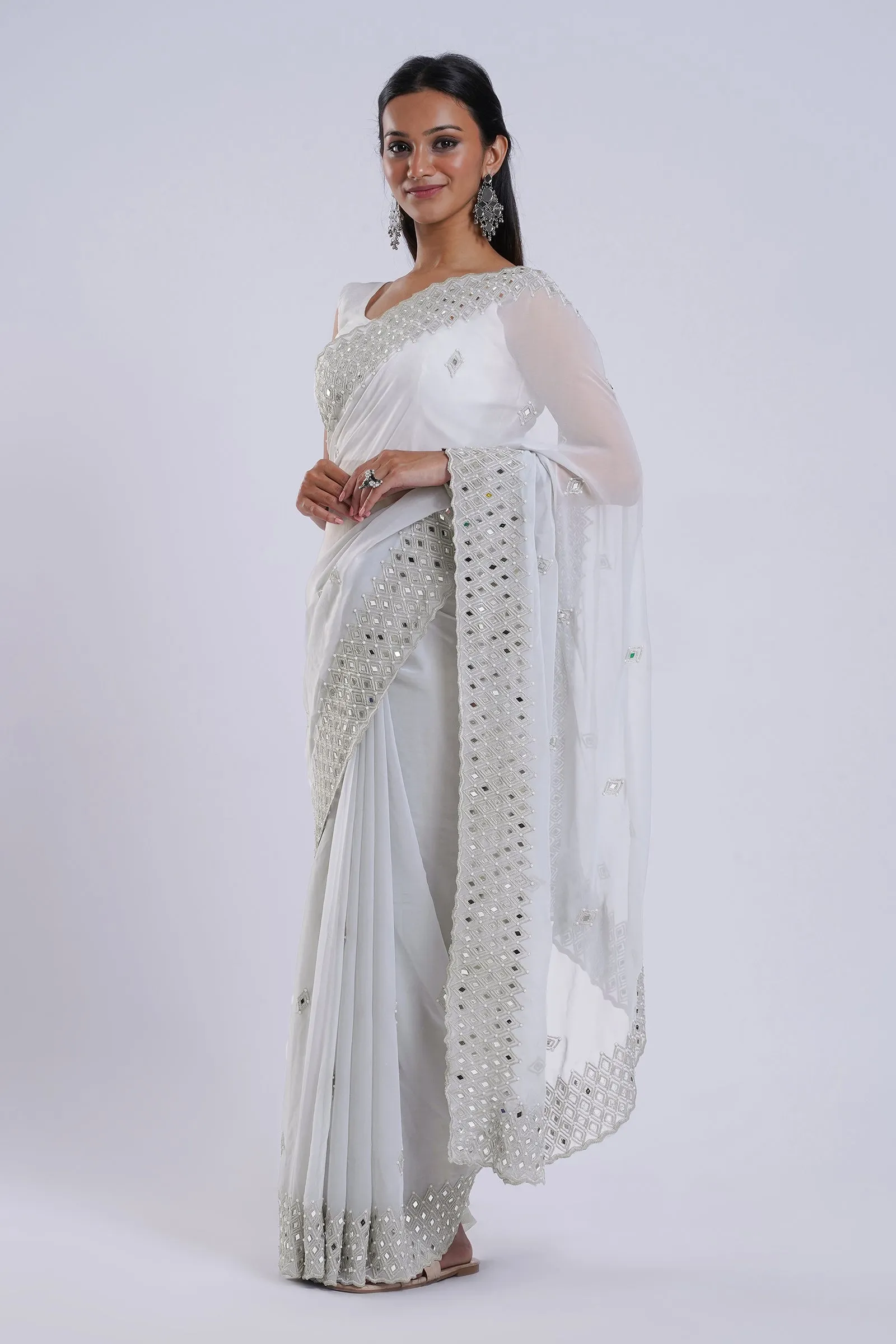 Teejh Daivya Grey Georgette Mirror Work Saree