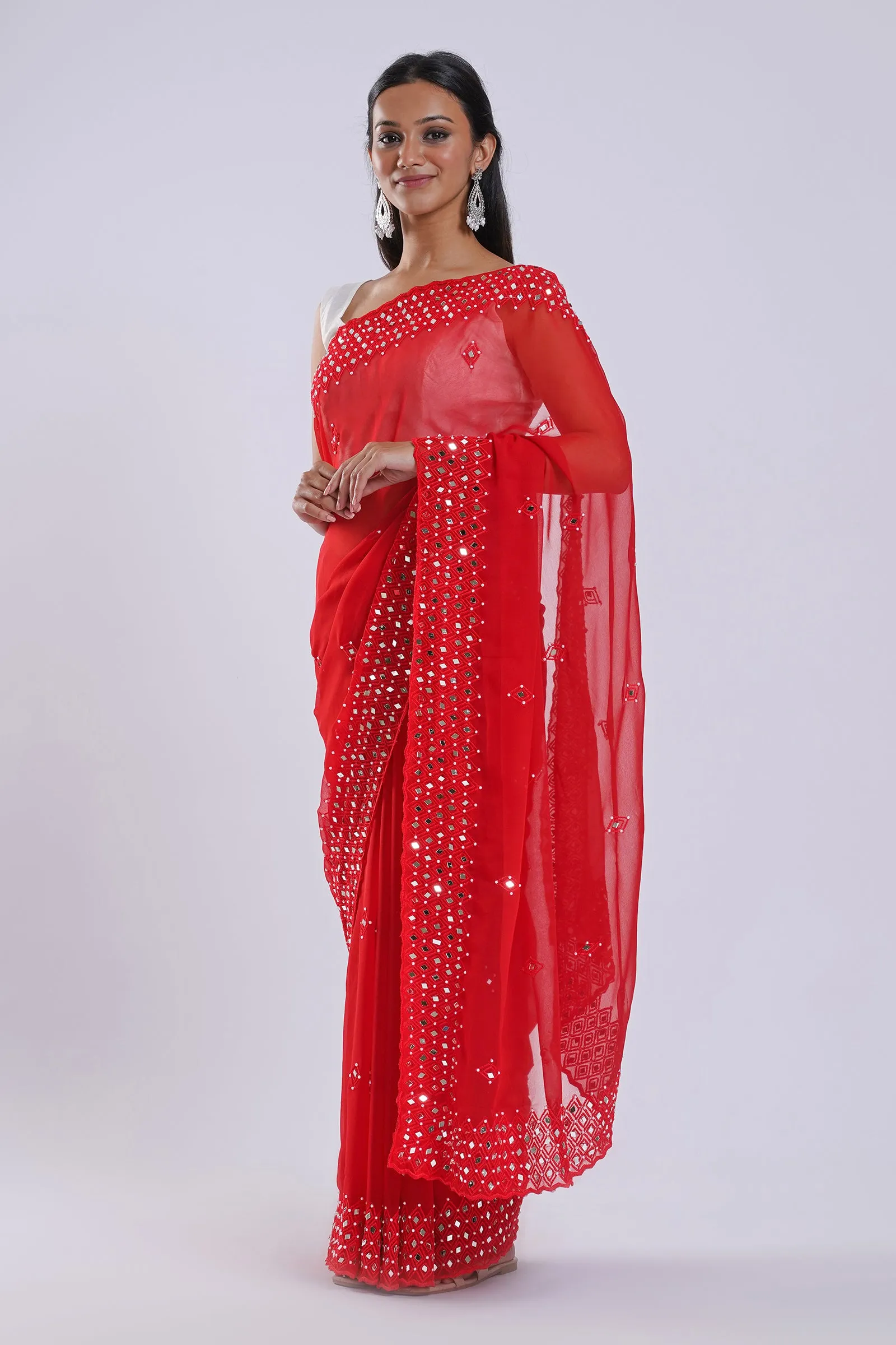 Teejh Daivya Red Georgette Mirror Work Saree