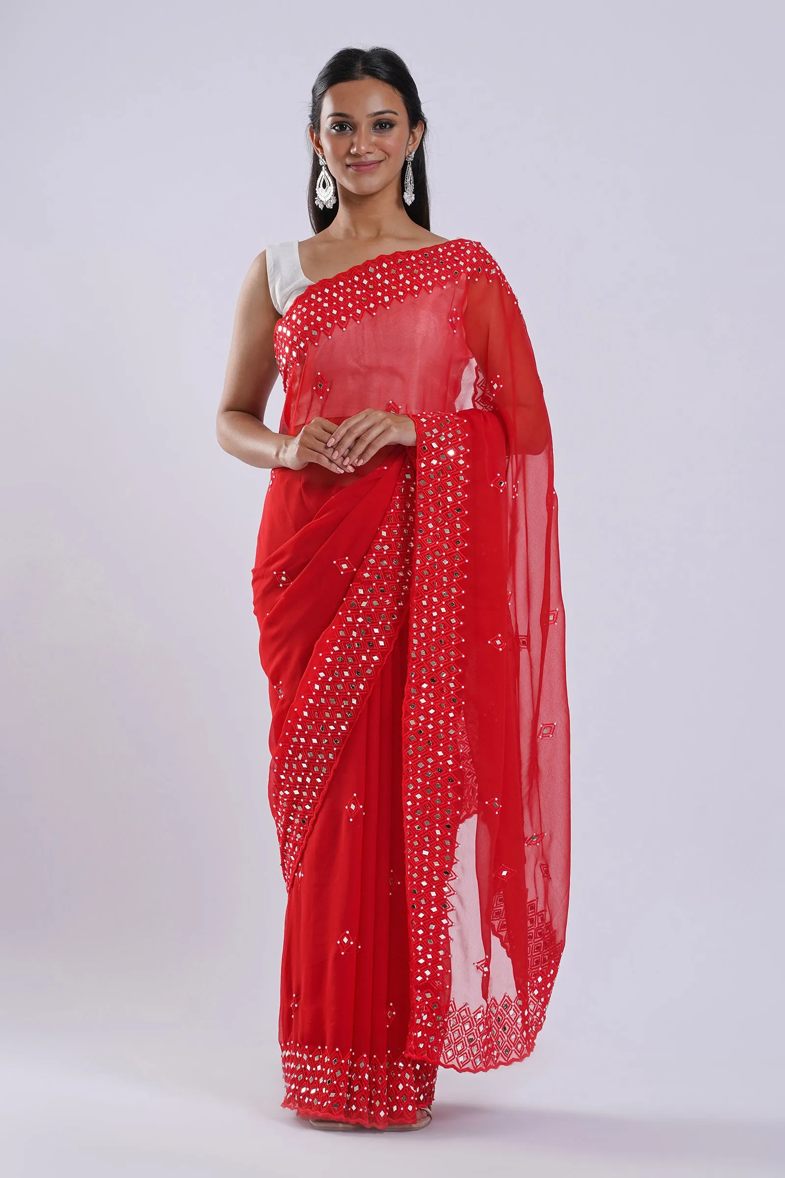 Teejh Daivya Red Georgette Mirror Work Saree