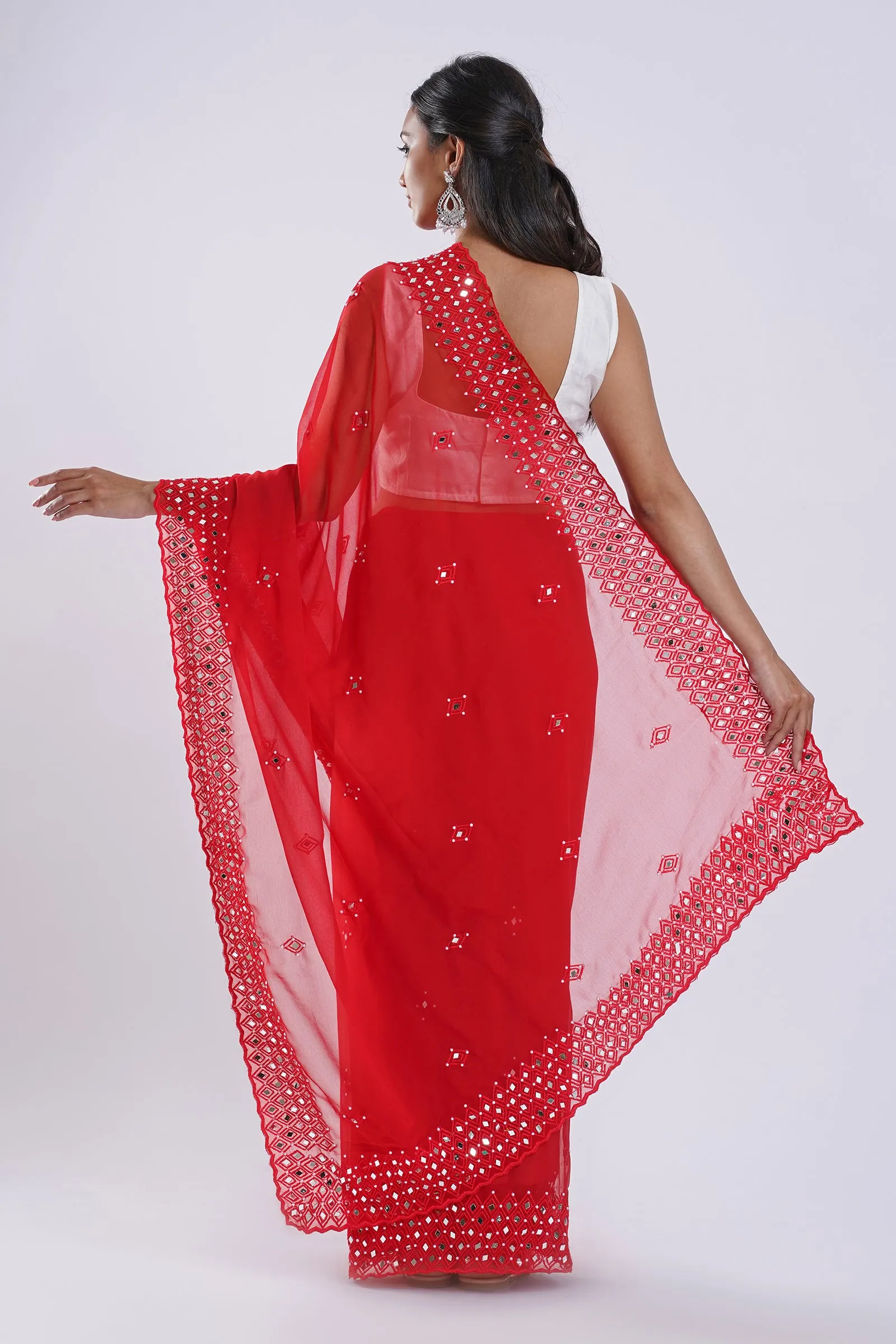 Teejh Daivya Red Georgette Mirror Work Saree