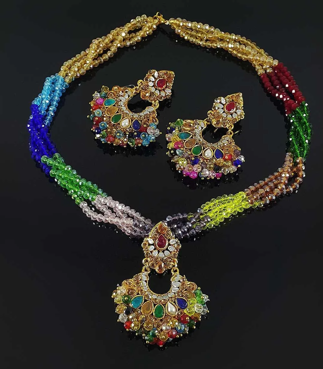 Trapezoid multi-color Crystals & pearls Earrings & Pendant Set