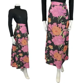 VINTAGE 60s 70s BLACK PINK ORANGE FLORAL PSYCHEDELIC LUREX MAXI SKIRT 12