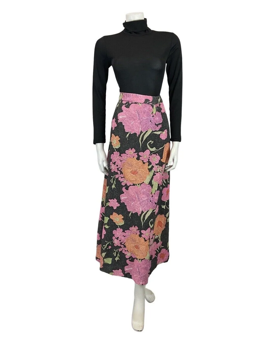 VINTAGE 60s 70s BLACK PINK ORANGE FLORAL PSYCHEDELIC LUREX MAXI SKIRT 12