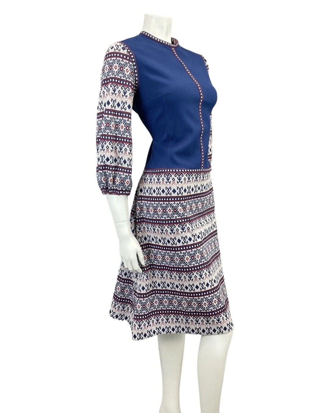 VINTAGE 60s 70s BLUE RED WHITE GEOMETRIC TILED PUFF SLEEVE MOD MIDI DRESS 12