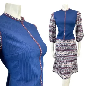 VINTAGE 60s 70s BLUE RED WHITE GEOMETRIC TILED PUFF SLEEVE MOD MIDI DRESS 12