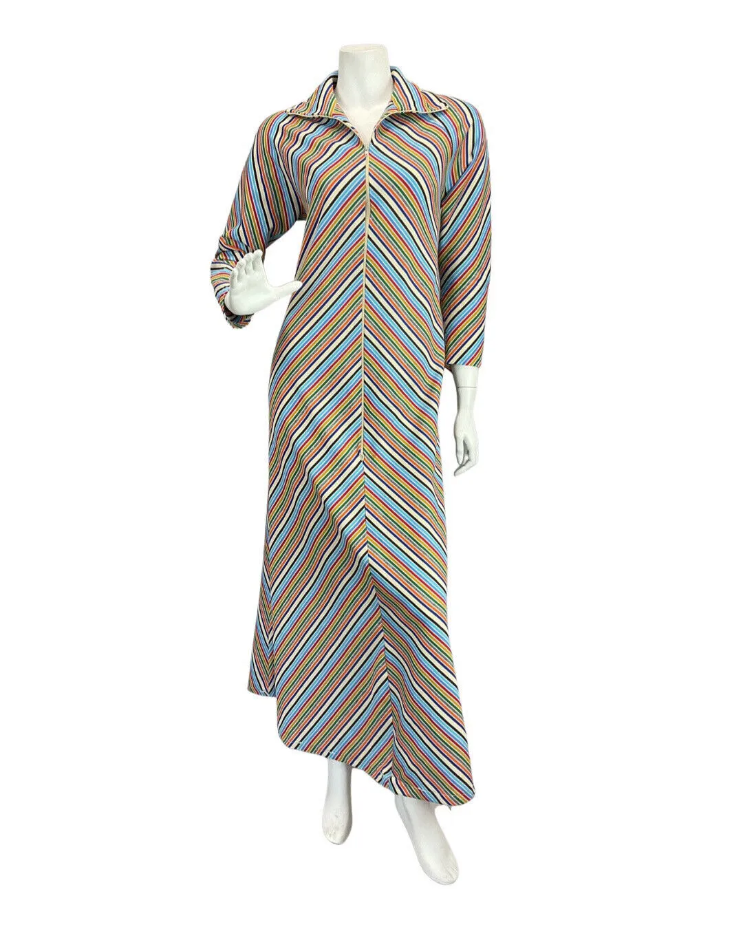 VINTAGE 60s 70s BLUE WHITE RED GREEN STRIPED MOD ZIP-UP SHIRT MAXI DRESS 12 14