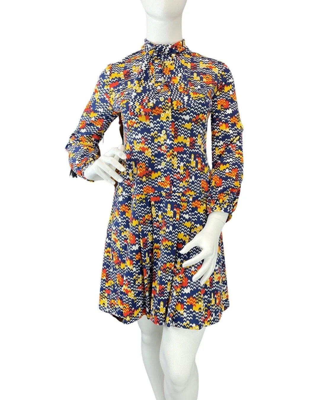 VINTAGE 60s 70s BLUE WHITE YELLOW CHEVRON ZIG-ZAG PUSSYBOW MOD DRESS 14 16