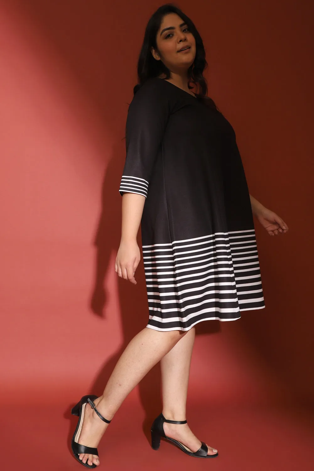 White Stripe Bottom Play Black Printed Dress