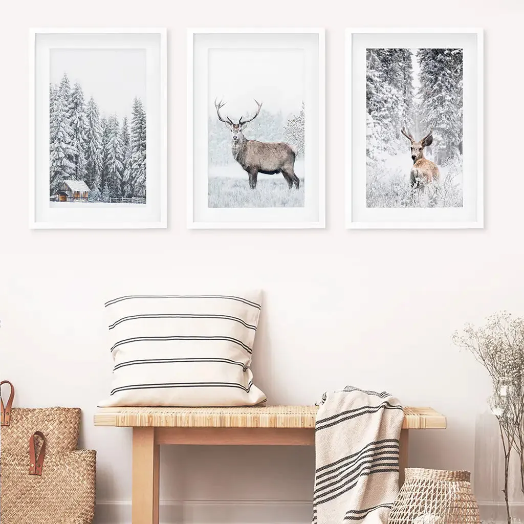 Winter Animal Wall Decor Set of 3. Snowy Forest, Deer