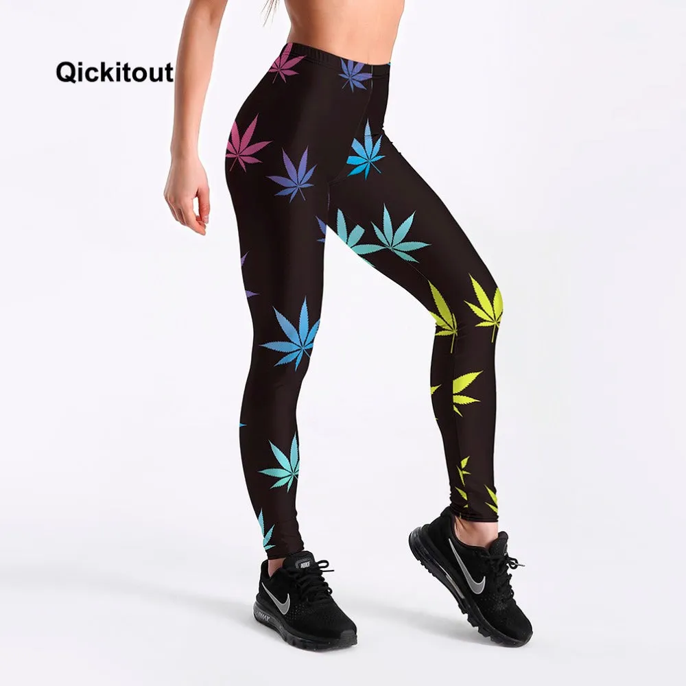 Women Fitness Leggings Workout Casual Pants Trousers Maple Leaf Printed High Waist Black Pants S-XXXXL