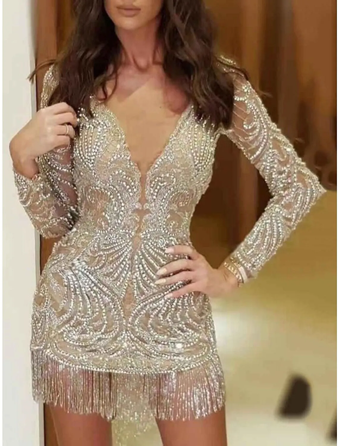 Women's Sequin Dress Fringe Dress Gold Dress Party Dress Sparkly Dress Homecoming Dress Mini Dress Long Sleeve Fall Winter Autumn V Neck Fashion Evening Party