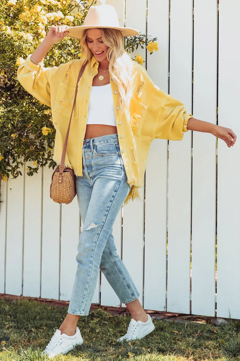 Yellow Distressed Fringe Trim Denim Jacket